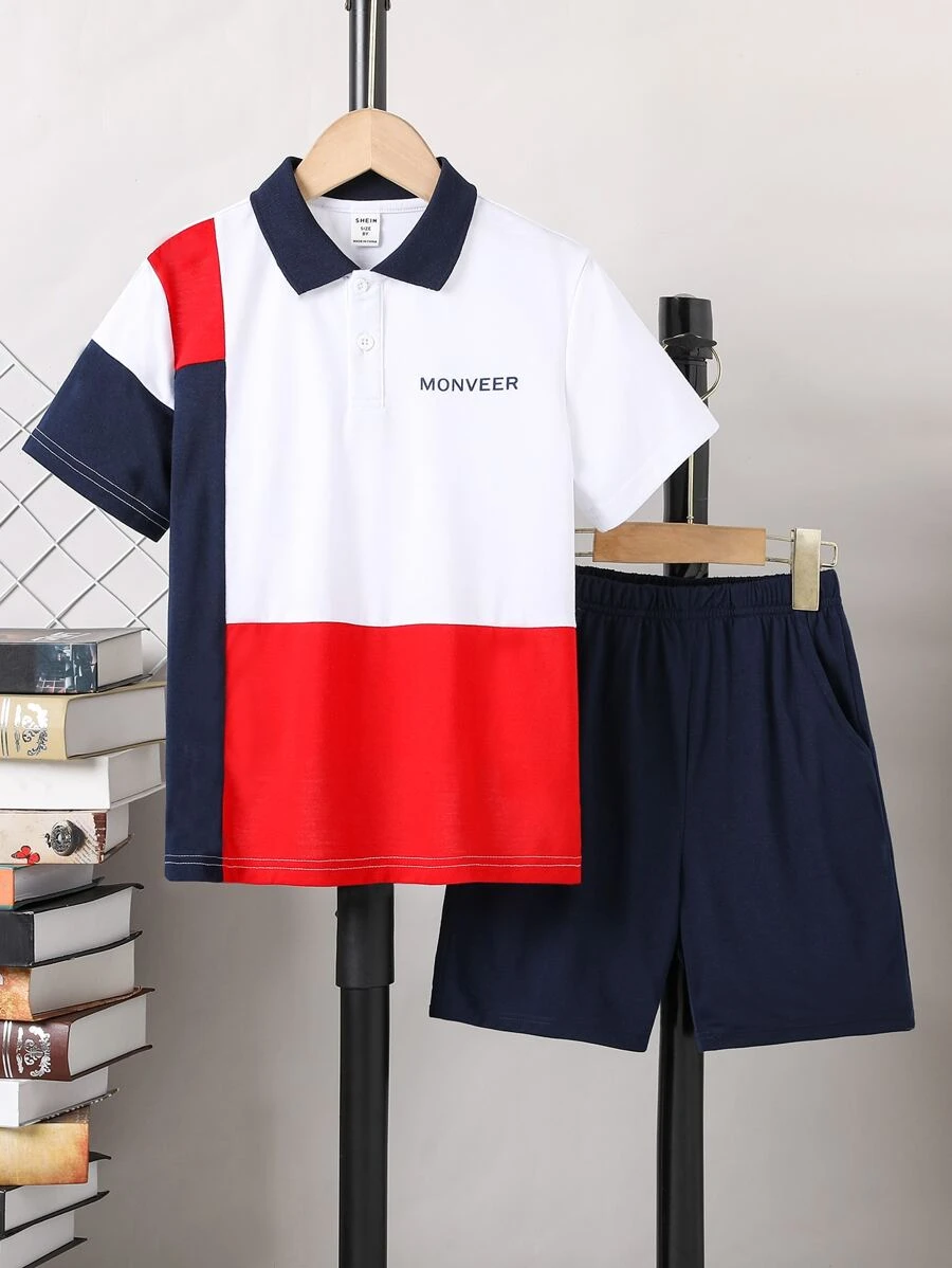 SHEIN Bộ hai mảnh Trai Túi Nút phía trước Khối Màu Lá thư Giải trí - Nhiều màu - Xem 1