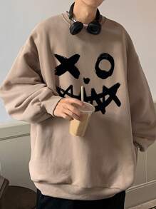 Manfinity Roghcode Sudadera Holgada De Estampado De Caricatura Para Hombres De Hombrera Caída - Caqui - Ver 1