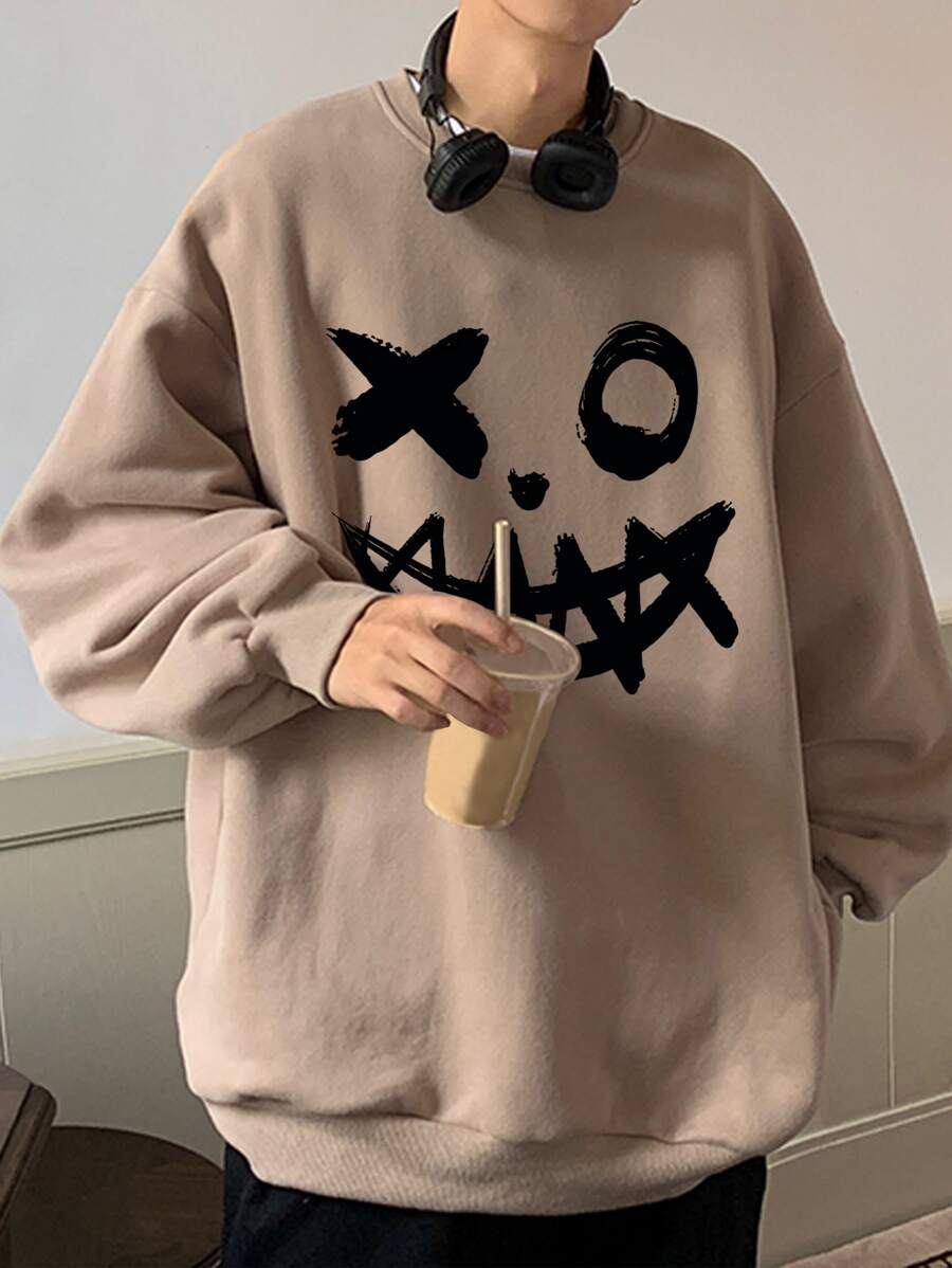 Manfinity Roghcode Sudadera Holgada De Estampado De Caricatura Para Hombres De Hombrera Caída - Caqui - Ver 1