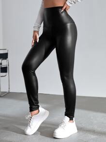 SHEIN Essnce Wideband Waist PU Leggings - Black - View 4