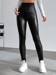 SHEIN Essnce Wideband Waist PU Leggings - Black - View 5