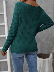 SHEIN LUNE Solid Ribbed Knit Jumper - Dark Green - View 2