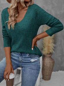 SHEIN LUNE Solid Ribbed Knit Jumper - Dark Green - View 4