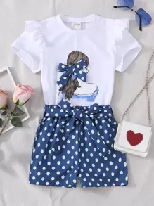 Toddler Girls Figure Graphic Bow Front Ruffle Trim Tee & Polka Dot Print Shorts - Blue and White - View 1