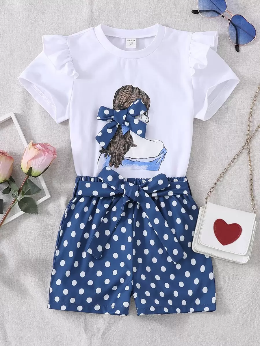 Toddler Girls Figure Graphic Bow Front Ruffle Trim Tee & Polka Dot Print Shorts - Blue and White - View 1