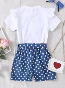 Toddler Girls Figure Graphic Bow Front Ruffle Trim Tee & Polka Dot Print Shorts - Blue and White - View 2