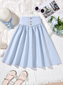 SHEIN Tween Girl Button Front Flare Skirt - Baby Blue - View 1