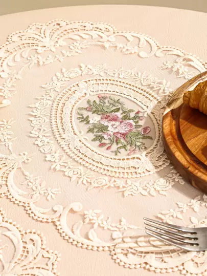 1pc/2pcs New Household Kitchen, Dining Room & Living Room Decorative Lace Placemat, Embroidered Vintage Floral Edge, Heat Insulation, Scratch Resistant, Dust Proof, Suitable For Wedding, Party, Gift, Birthday, Christmas