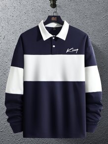 Manfinity Hombres Camisa polo con estampado de letra de color combinado - Azul y blanco - Ver 1