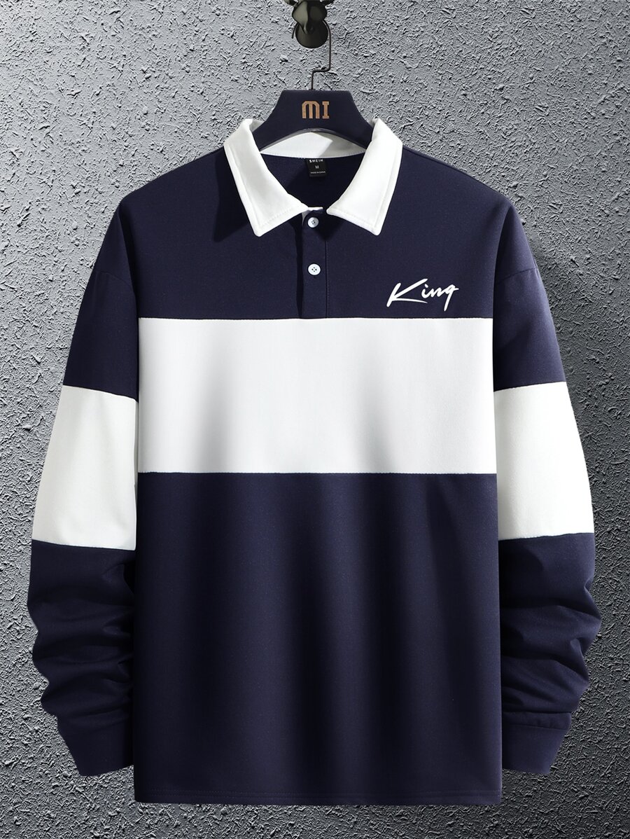 Manfinity Hombres Camisa polo con estampado de letra de color combinado - Azul y blanco - Ver 1