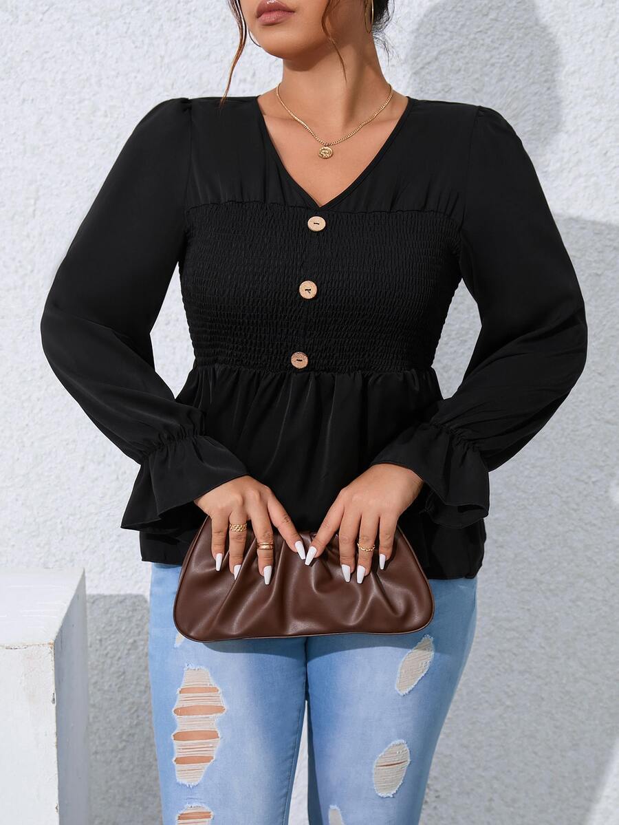 Plus Button Front Ruffle Hem Peplum Blouse - Black - View 1