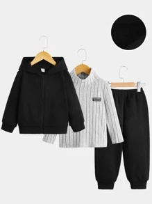 SHEIN 小男童字母貼布T恤和拉鏈連帽衫和運動褲 - 彩色 - 查看 1