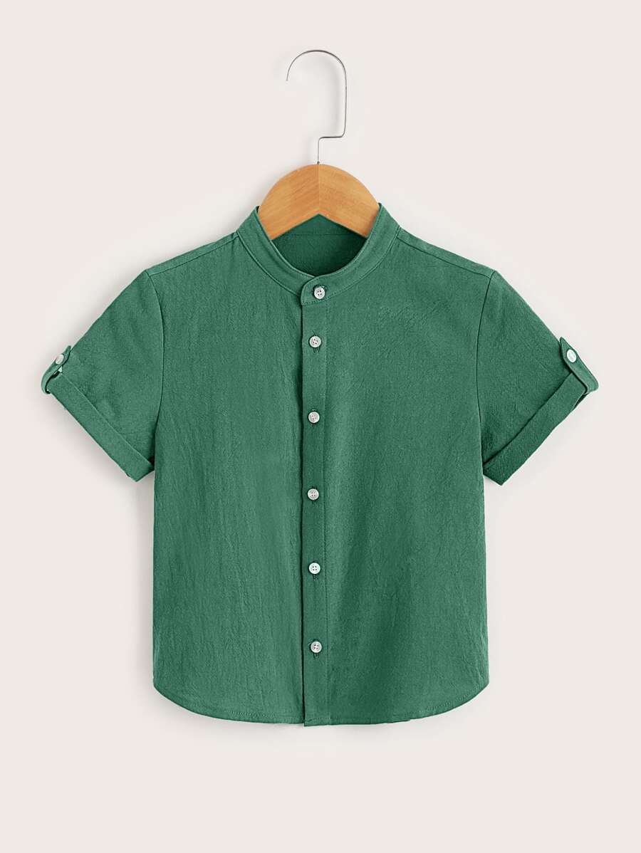 SHEIN Young Boys Summer Casual Comfortable Literary Front Button Rolled Sleeve Shirt - Dark Green - View 1