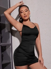SHEIN PETITE Đầm Lộ Lưng màu trơn Gợi cảm - màu đen - Xem 3