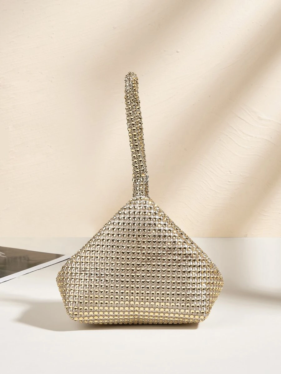 Mini Party Clutch Bag With Rhinestone Decor, Elegant Handbag For Attending Events, Fashionable Small Handbag For Lipstick, Coins, Versatile - Champagne - View 1