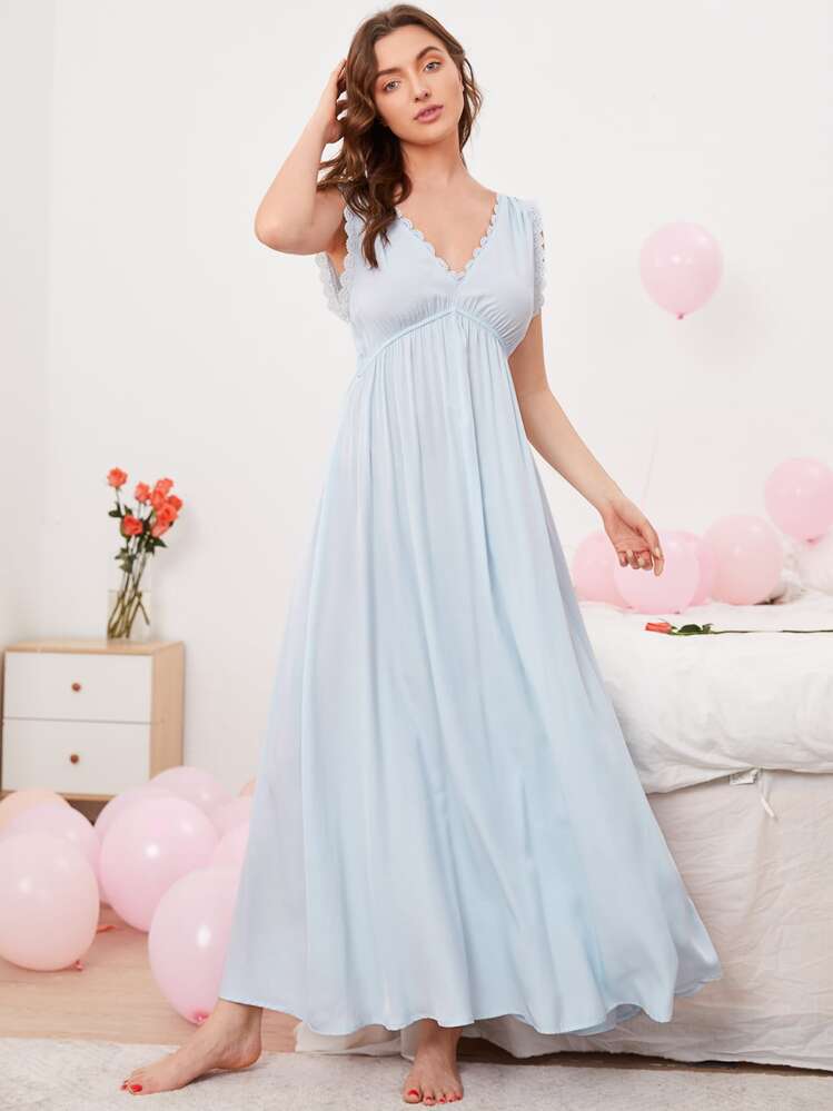 SHEIN Unity Solid Lace Trim Night Dress - Baby Blue - View 1