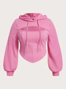 SHEIN EZwear Valentine's Day,Plus Size Cut Out Drawstring Asymmetrical Hem Sweatshirt - Pink - View 1