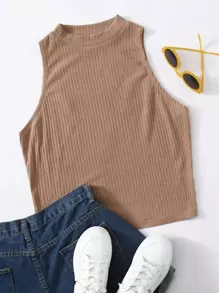 SHEIN EZwear 大碼素色羅紋針織背心上衣 - 杏色 - 查看 1
