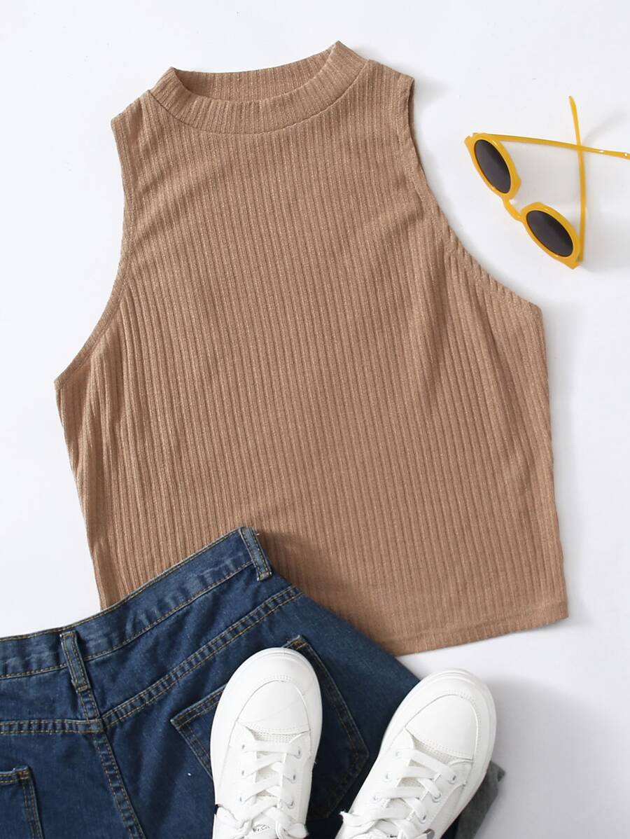 SHEIN EZwear 大碼素色羅紋針織背心上衣 - 杏色 - 查看 1