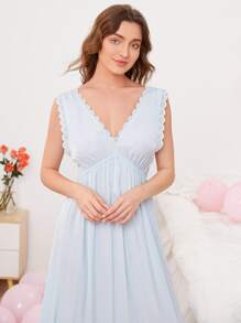 SHEIN Unity Solid Lace Trim Night Dress - Baby Blue - View 3