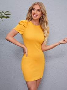 SHEIN Clasi 素色泡泡袖包臀連衣裙 - 黃色 - 查看 3