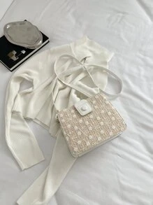 花卉刺繡草編包 - 米色 - 查看 4