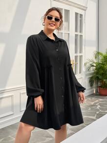 SHEIN EZwear Đầm Plus Size Dây kéo viền lá sen Nút phía trước màu trơn Giải trí - màu đen - Xem 4
