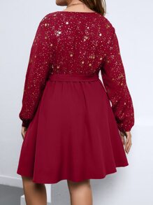 SHEIN Clasi Plus Galaxy Print Belted Dress - Burgundy - View 2