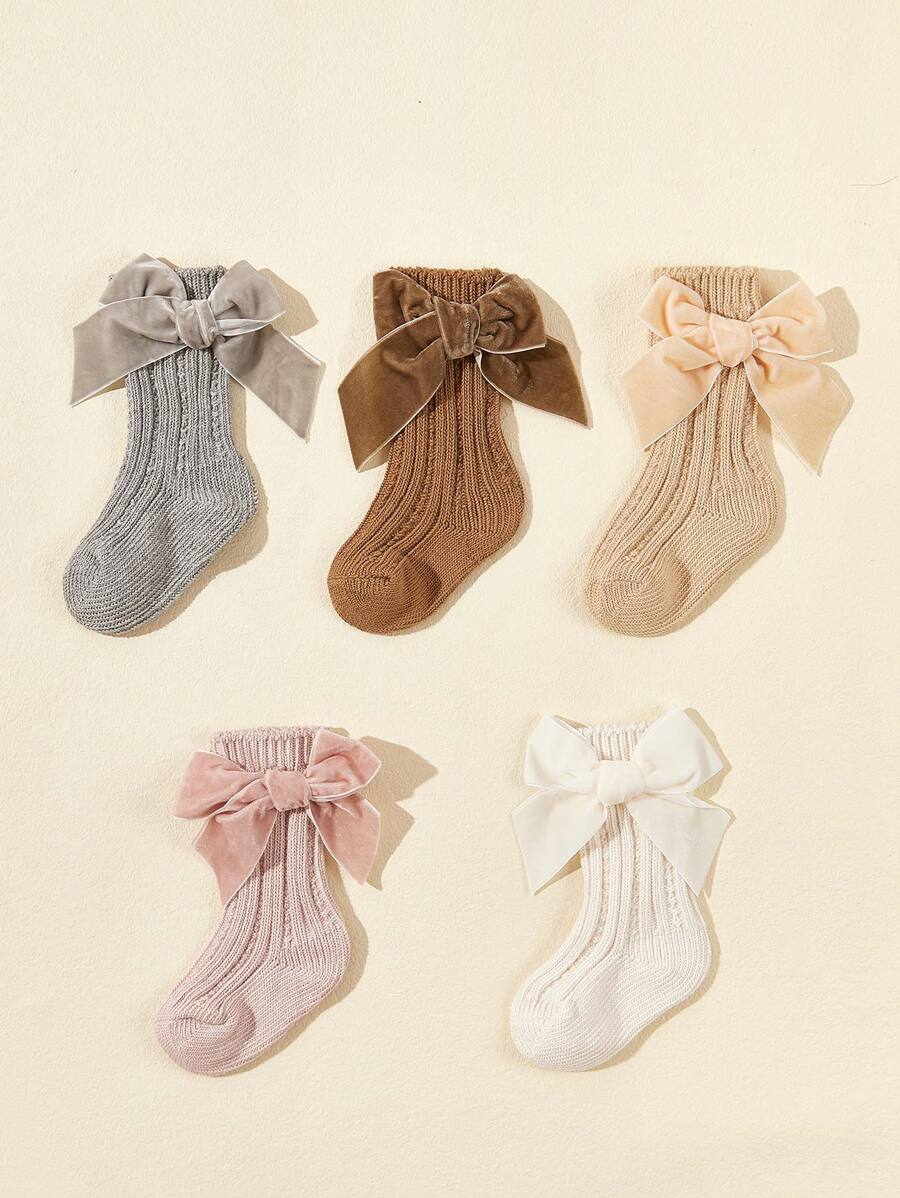 5 pares/Paquete Calcetines de punto con lazo para bebé de media caña para invierno - Multicolor - Ver 1