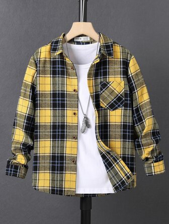 SHEIN Tween Boy Plaid Patched Pocket Shirt Without Tee