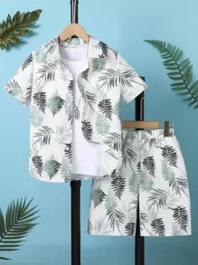 Boys Tropical Print Shirt & Shorts Without Tee - White - View 1