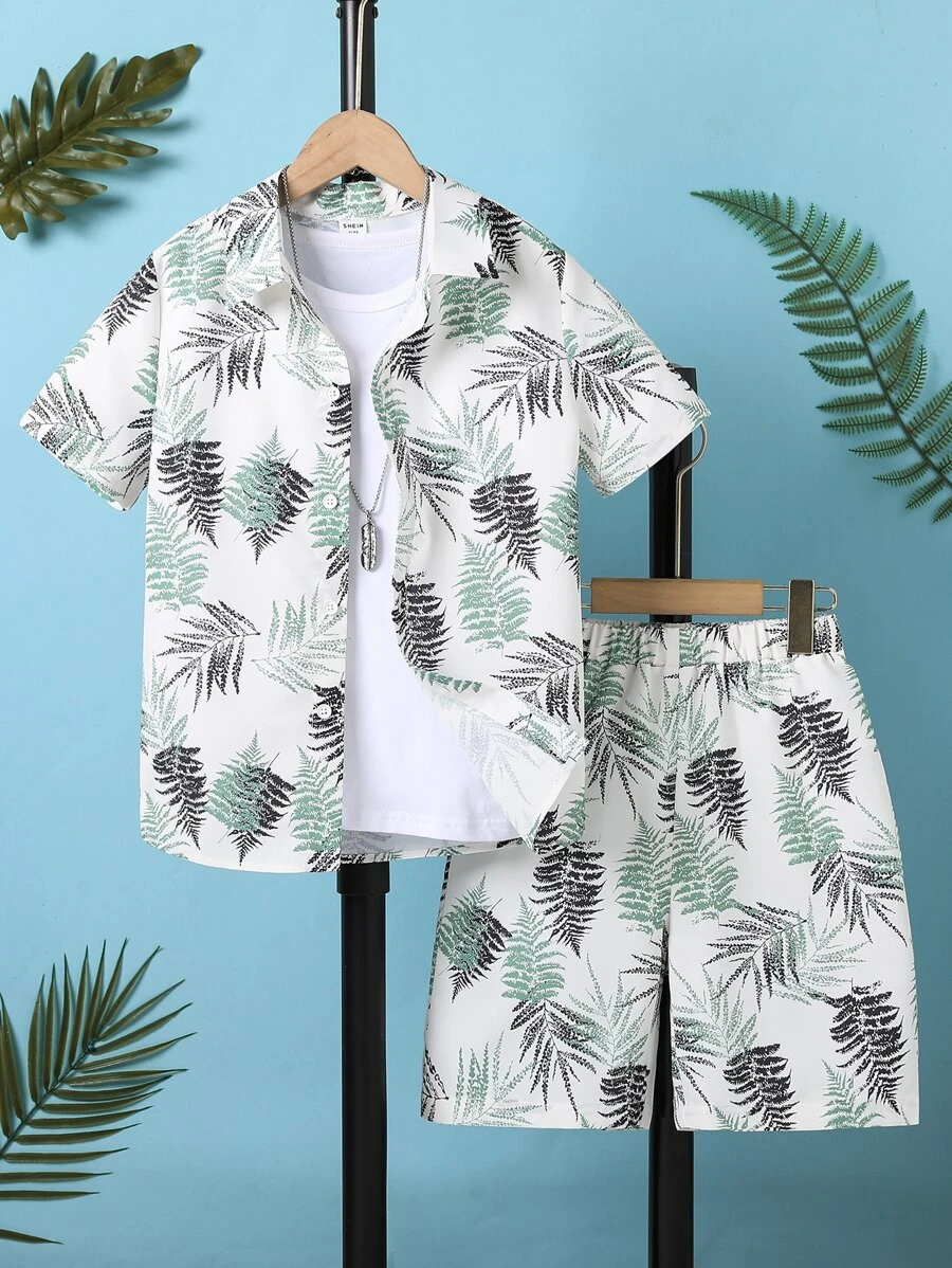 Boys Tropical Print Shirt & Shorts Without Tee - White - View 1