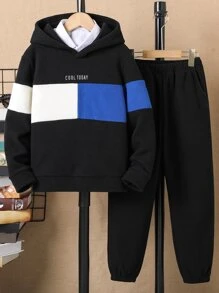 Boys Letter Embroidery Colourblock Hoodie & Trousers Without Shirt - Black - View 1