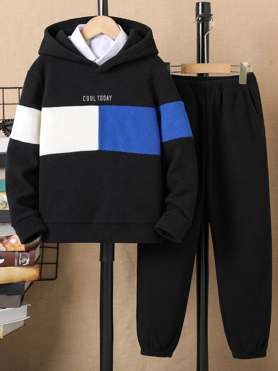 Boys Letter Embroidery Colourblock Hoodie & Trousers Without Shirt - Black - View 1