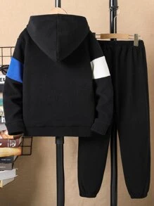 Boys Letter Embroidery Colourblock Hoodie & Trousers Without Shirt - Black - View 2