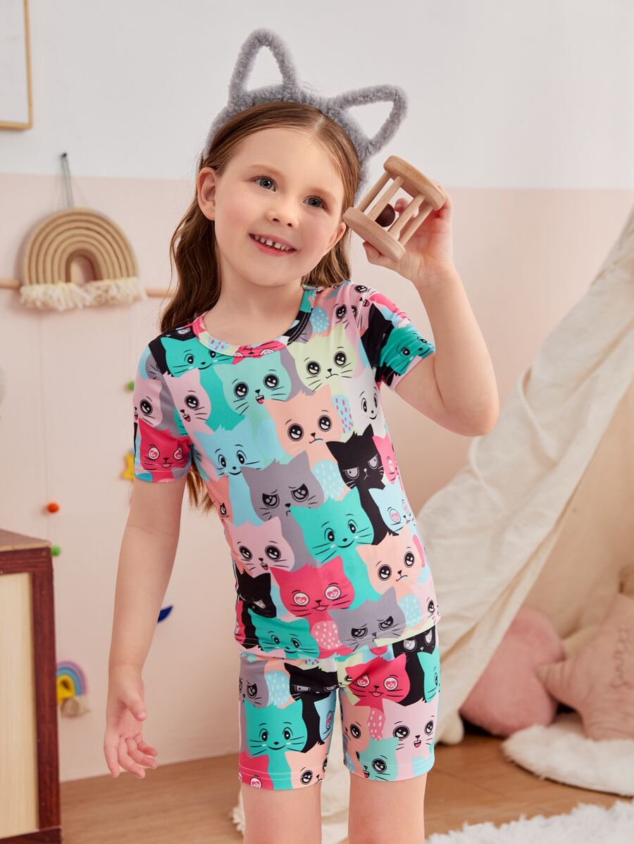 女孩卡通圖案緊身睡衣套裝