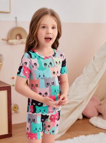女孩卡通圖案緊身睡衣套裝