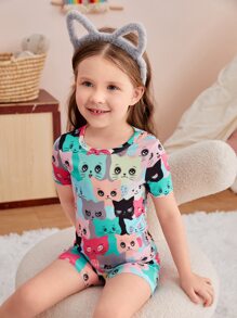 女孩卡通圖案緊身睡衣套裝