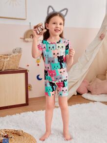 女孩卡通圖案緊身睡衣套裝