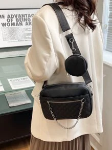 Bolsa cuadrada guateado con diseño de cadena con monedero - Gris - Ver 8