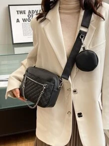 Bolsa cuadrada guateado con diseño de cadena con monedero - Gris - Ver 2