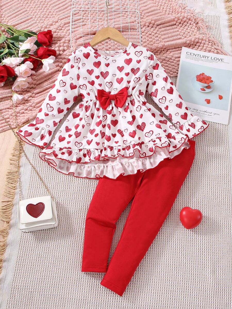 少女心印花荷葉袖蝴蝶結前裝上衣和緊身褲 - 紅白色 - 查看 1