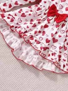 少女心印花荷葉袖蝴蝶結前裝上衣和緊身褲 - 紅白色 - 查看 3