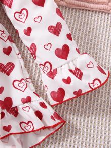 少女心印花荷葉袖蝴蝶結前裝上衣和緊身褲 - 紅白色 - 查看 7