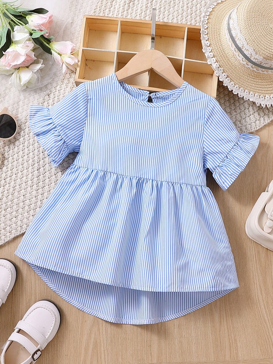 SHEIN Áo kiểu cổ tròn sọc trắng ngọt ngào cho cô gái trẻ với tay áo xù cho mùa hè - Xanh và trắng - Xem 1