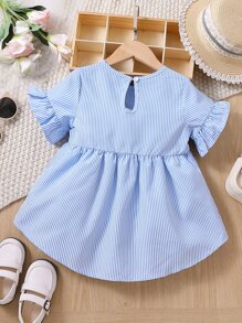 SHEIN Áo kiểu cổ tròn sọc trắng ngọt ngào cho cô gái trẻ với tay áo xù cho mùa hè - Xanh và trắng - Xem 2