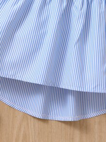 SHEIN Áo kiểu cổ tròn sọc trắng ngọt ngào cho cô gái trẻ với tay áo xù cho mùa hè - Xanh và trắng - Xem 5