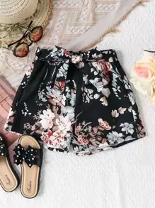 Girls Floral Print Belted Shorts - Black - View 1