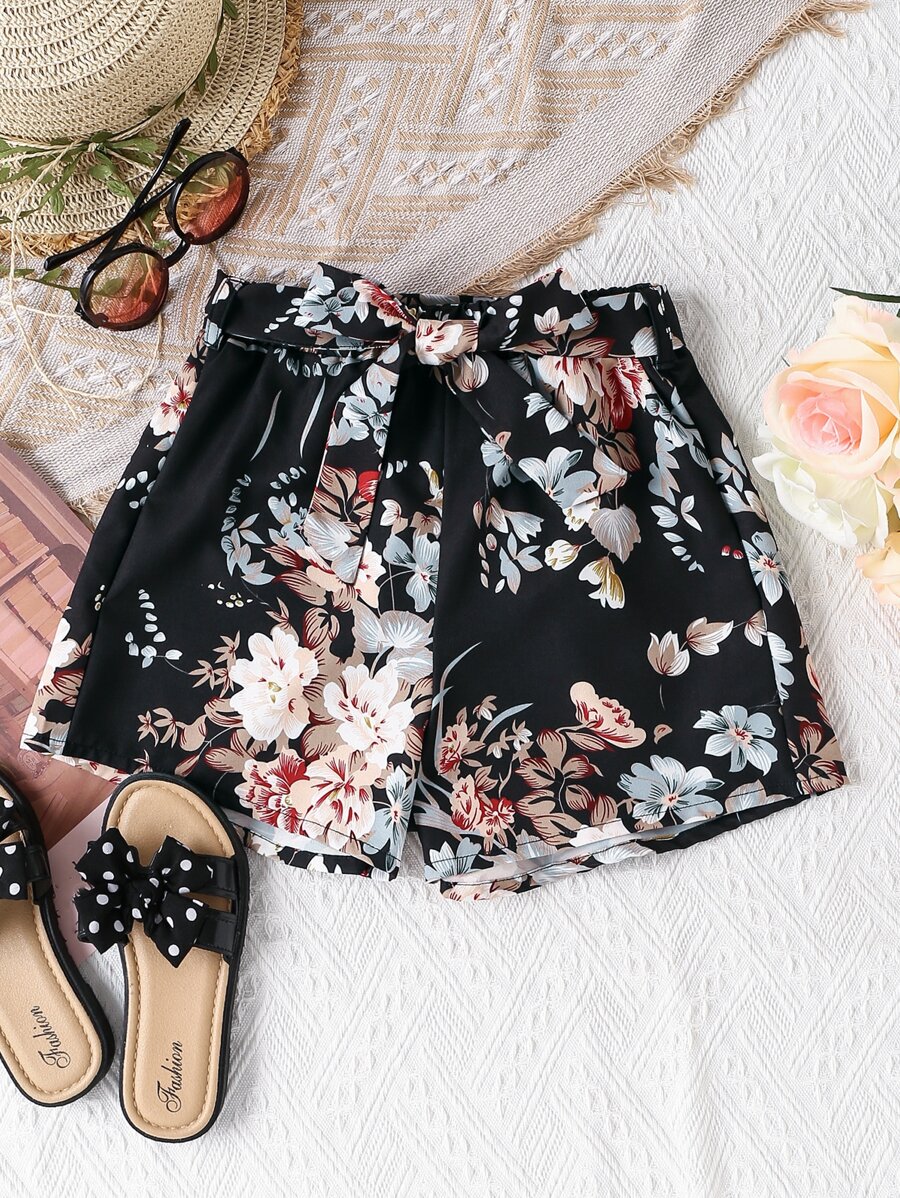 Girls Floral Print Belted Shorts - Black - View 1