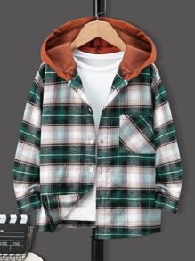 男孩格紋印花連帽襯衫不帶T恤